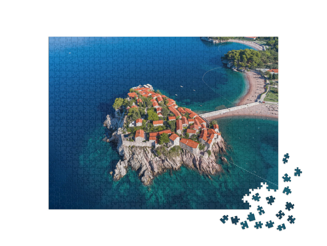 puzzle 1000 dílků „Letecký pohled na hotel Sveti Stefan, Černá Hora“