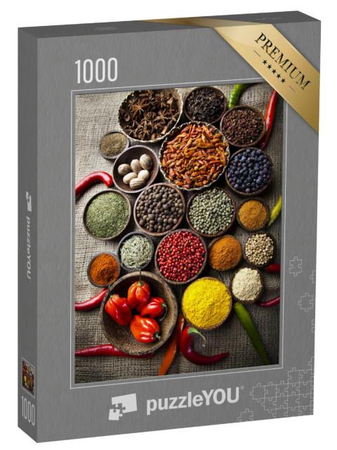 puzzle 1000 dílků „Zátiší aromatického koření v dřevěných miskách“