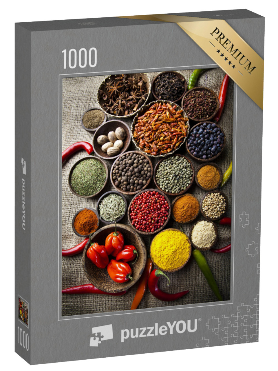 puzzle 1000 dílků „Zátiší aromatického koření v dřevěných miskách“