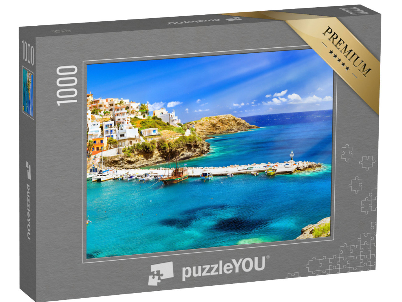 puzzle 1000 dílků „Přístav s námořními plavidly, čluny a majákem, Rethymno, Kréta“