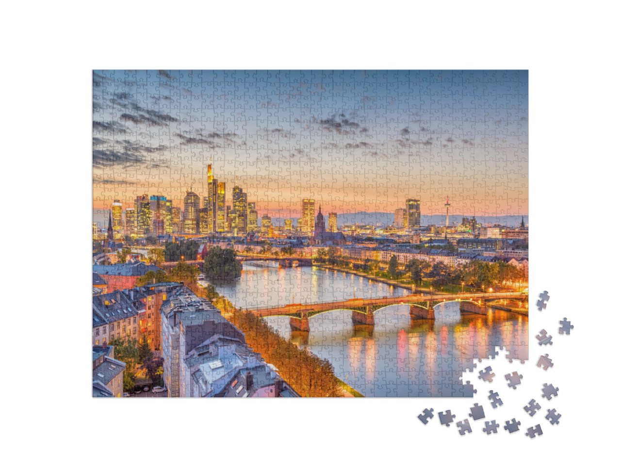 puzzle 1000 dílků „Nádherný pohled na Frankfurt nad Mohanem za soumraku“