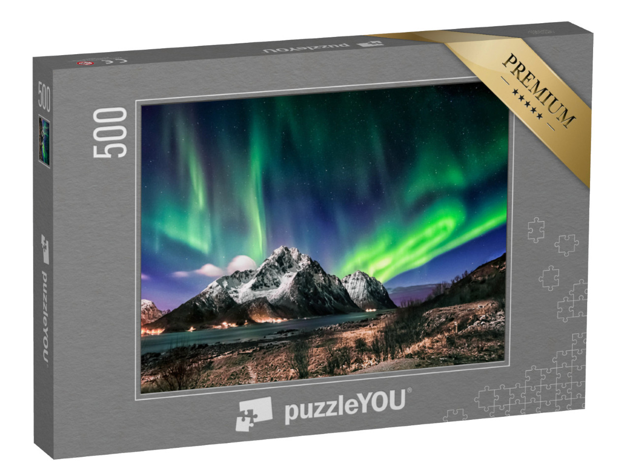 puzzle 500 dílků „Krajina Lofotských ostrovů: Lofoty: Návštěva v zimě s polární září, Norsko“