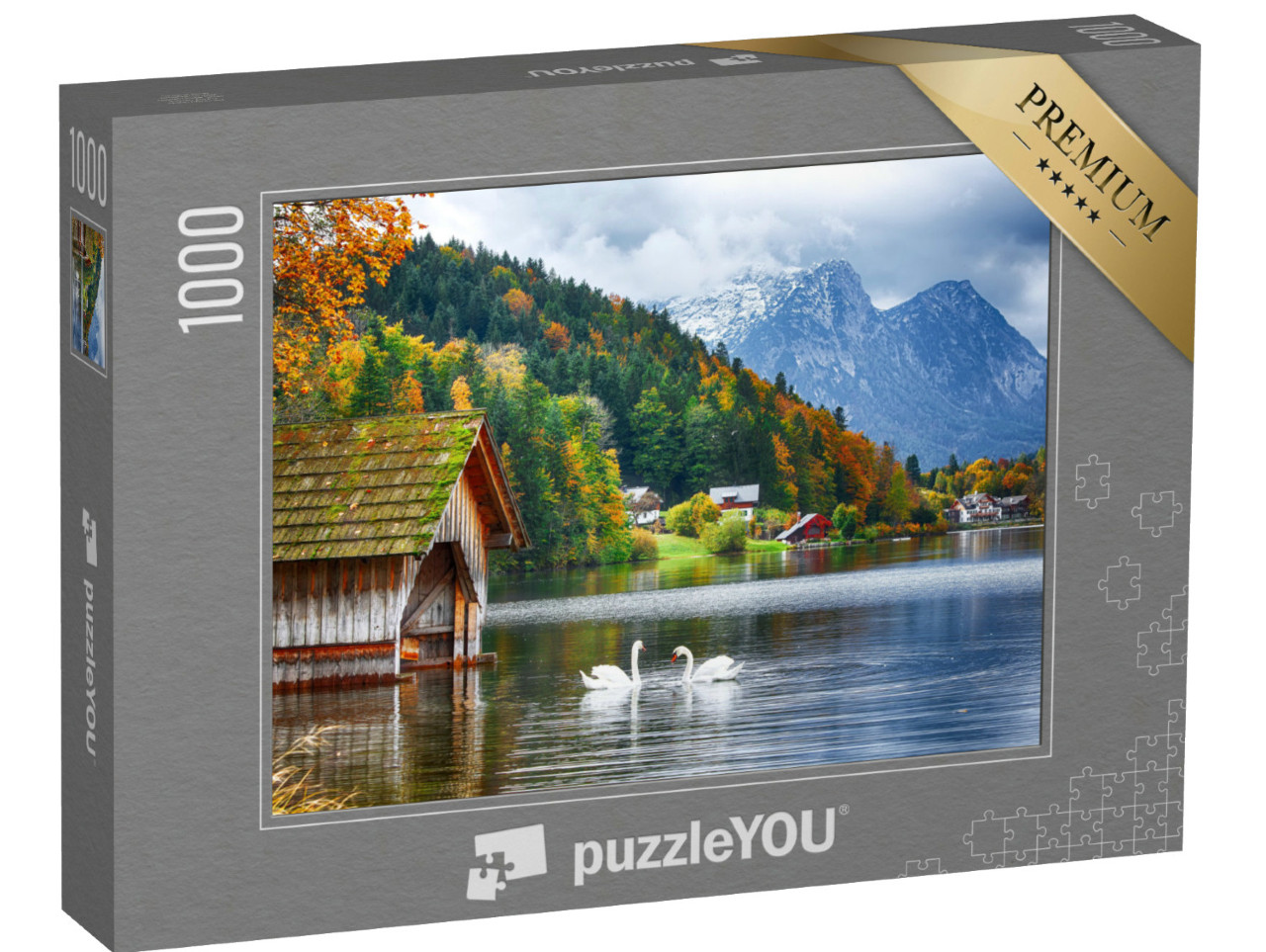 puzzle 1000 dílků „Dvě bílé labutě na Grundlsee, Štýrsko, Rakousko“