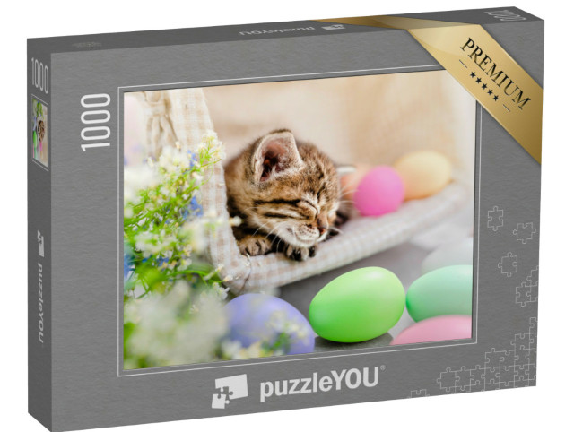 puzzle 1000 dílků „Spící kotě mezi barevnými velikonočními vajíčky“