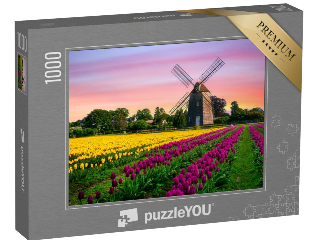 puzzle 1000 dílků „Větrný mlýn v poli tulipánů s květinami“