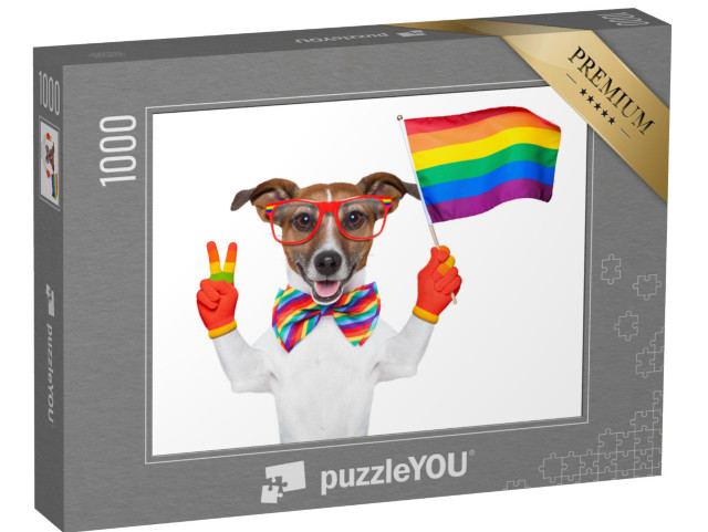 puzzle 1000 dílků „gay pride pes mávající duhovou vlajkou“