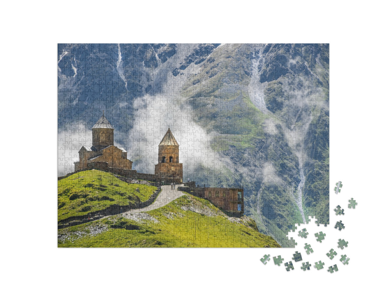 puzzle 1000 dílků „Kostel Nejsvětější Trojice u obce Gergeti v Gruzii“
