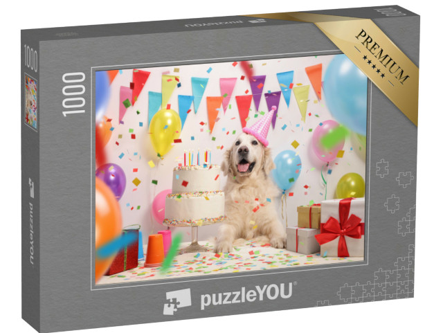 puzzle 1000 dílků „Labradorský retrívr s narozeninovým dortem a kloboukem...“