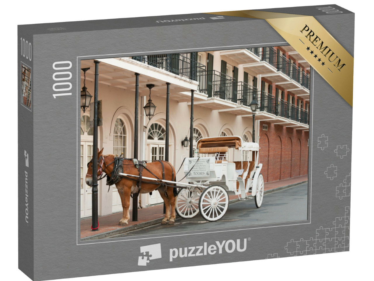 puzzle 1000 dílků „Elegantní kočár tažený koňmi ve Francouzské čtvrti, New Orleans“