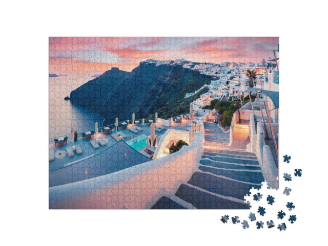 puzzle 1000 dílků „Večerní pohled na ostrov Santorini, jaro v Řecku“