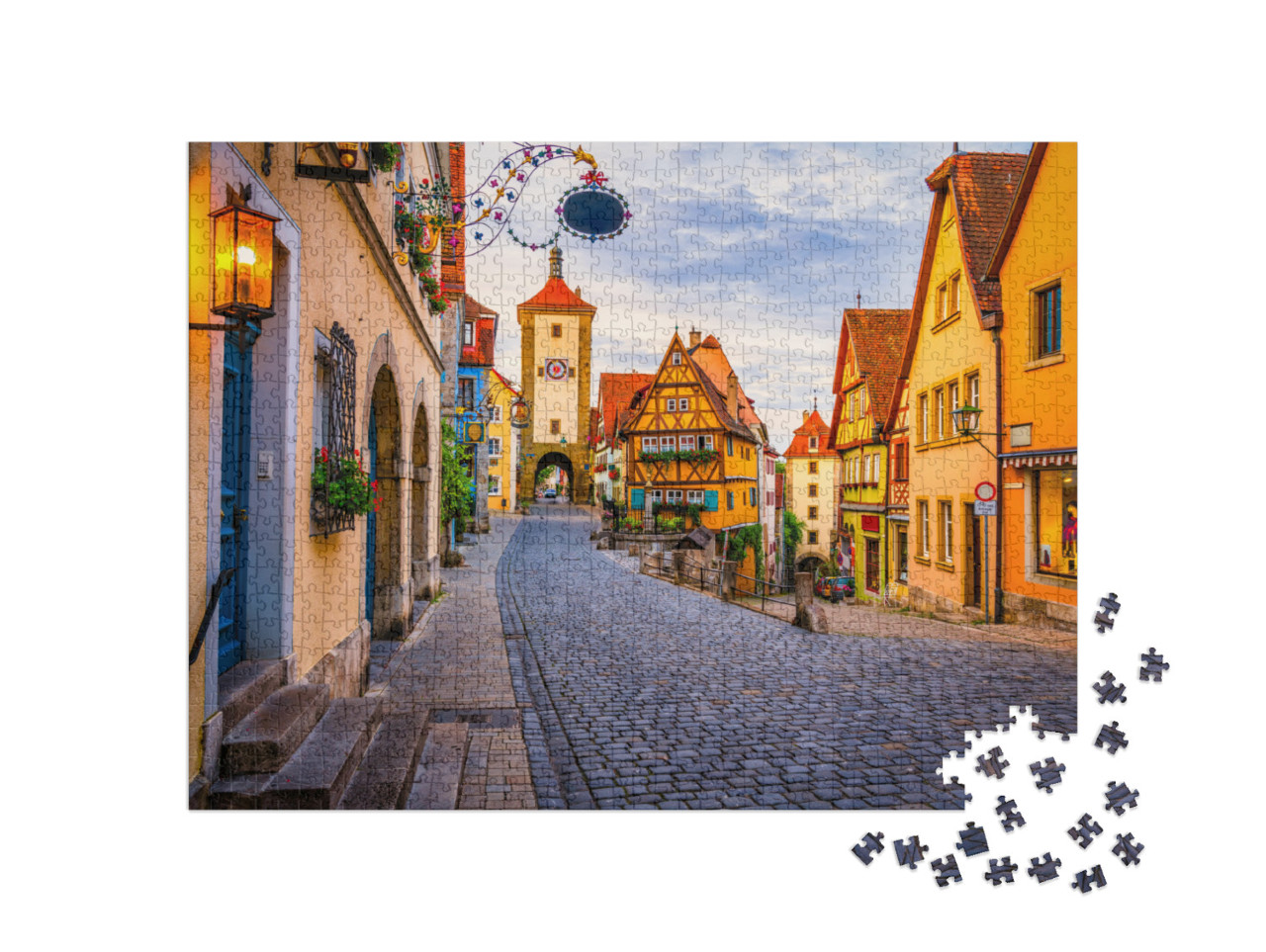 puzzle 1000 dílků „Ranní pohled na Untere Schmiedgasse v Rothenburgu ob der Tauber, Bavorsko“