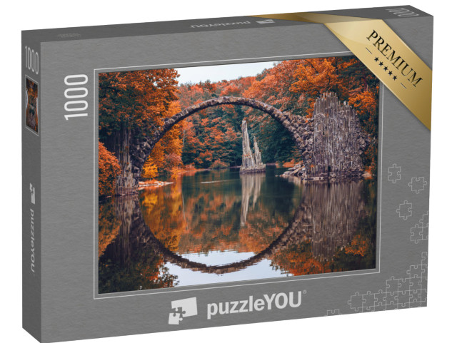 puzzle 1000 dílků „Rakotzbrücke na podzim: Panorama z Kromlau, Sasko, Německo“