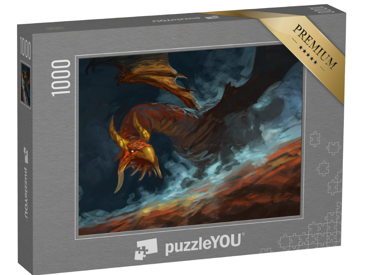puzzle 1000 dílků „Červený drak s modrou magií, vířící, digitální fantasy malba“