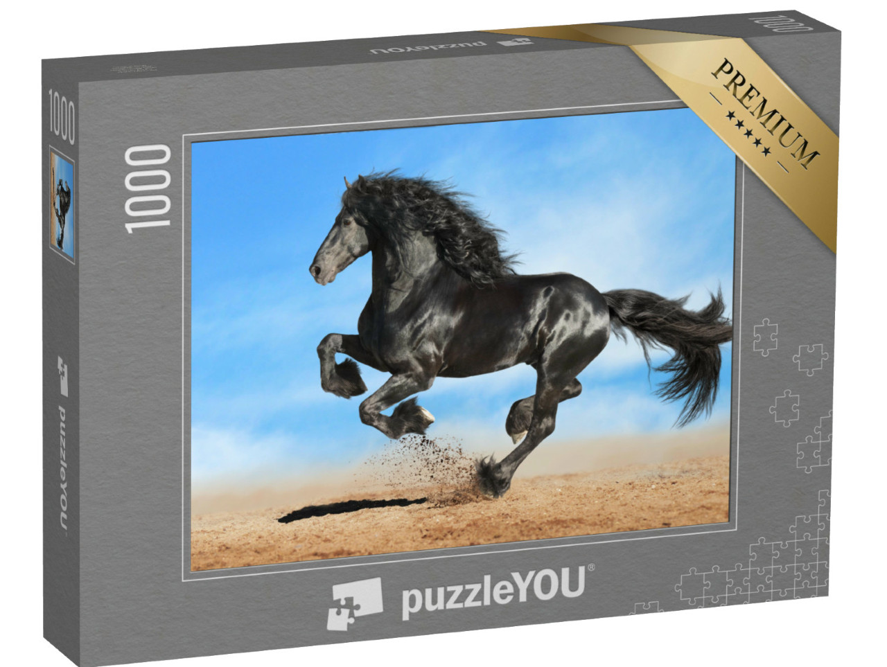 puzzle 1000 dílků „Černý fríský kůň v mohutném cvalu“