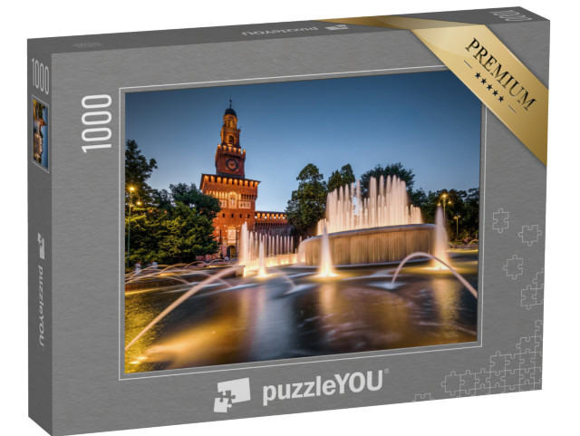 puzzle 1000 dílků „Castello Sforzesco s večerní osvětlenou fontánou, Milán, Itálie“