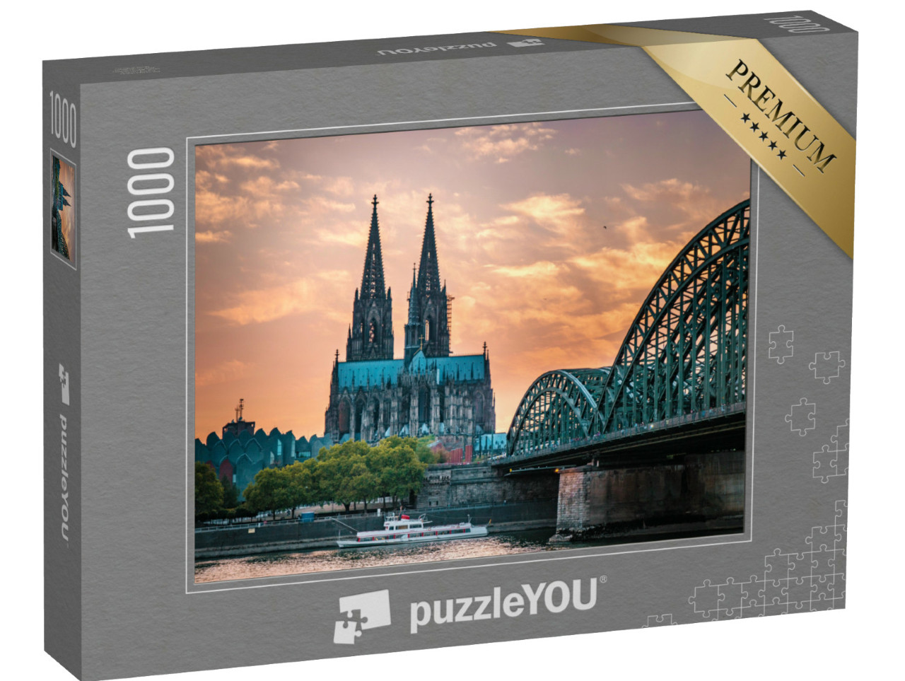 puzzle 1000 dílků „Kolínská katedrála a Hohenzollernský most v Kolíně nad Rýnem večer“