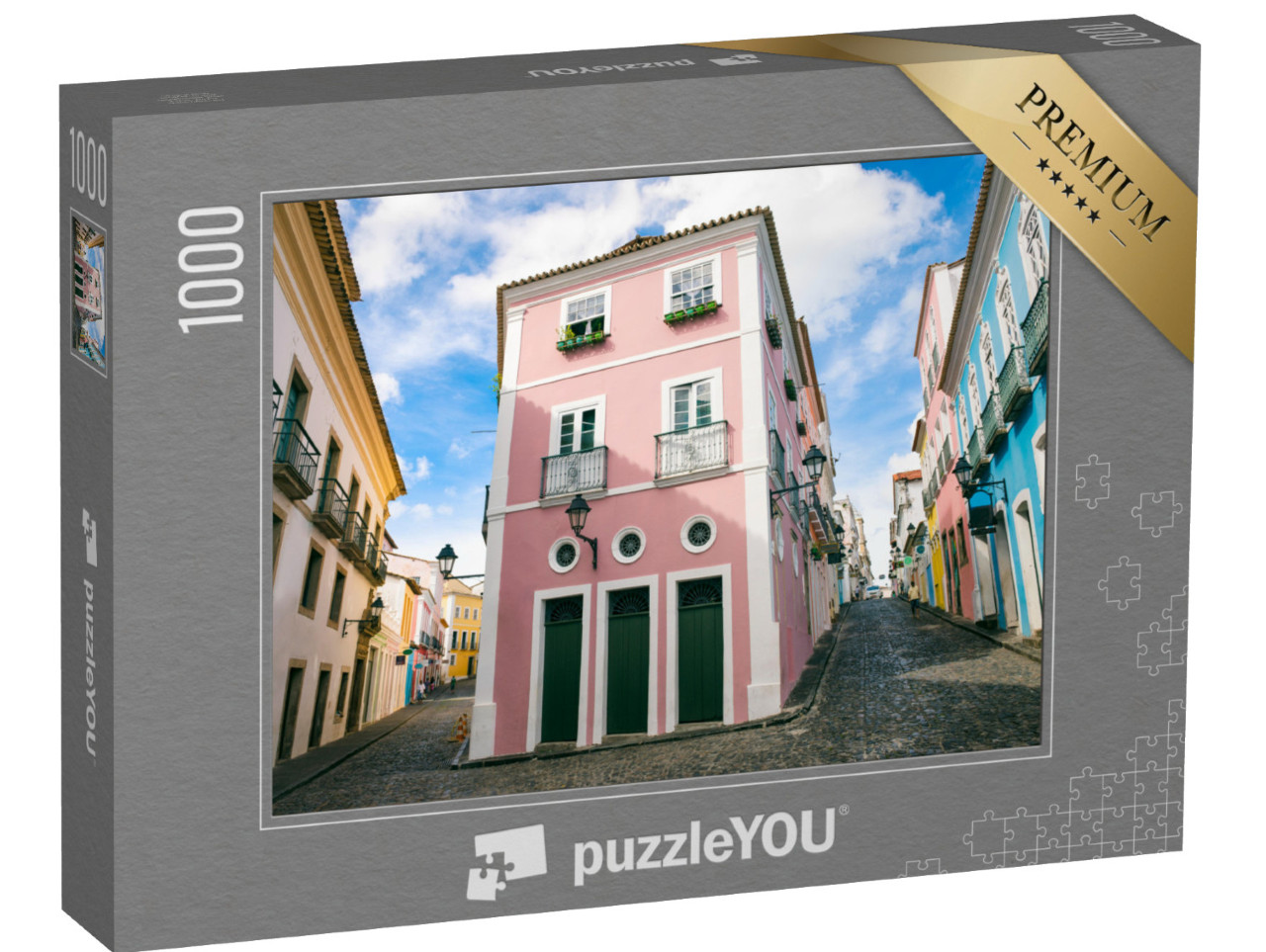 puzzle 1000 dílků „Dlážděné ulice s barevnou koloniální architekturou, Salvador, Brazílie“