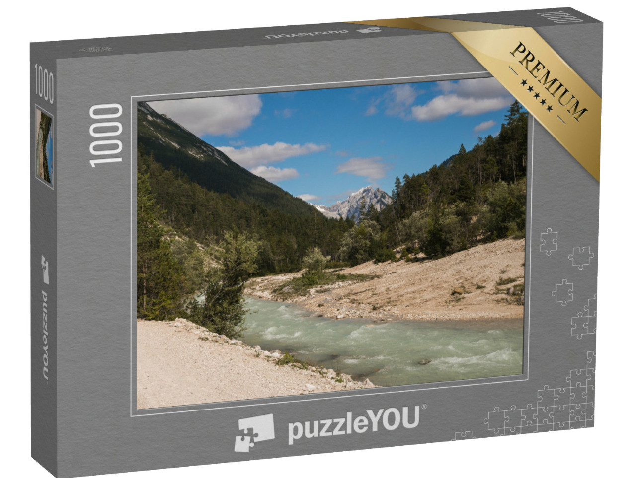 puzzle 1000 dílků „Pohled na řeku Isar u obce Scharnitz, Rakouské Alpy“