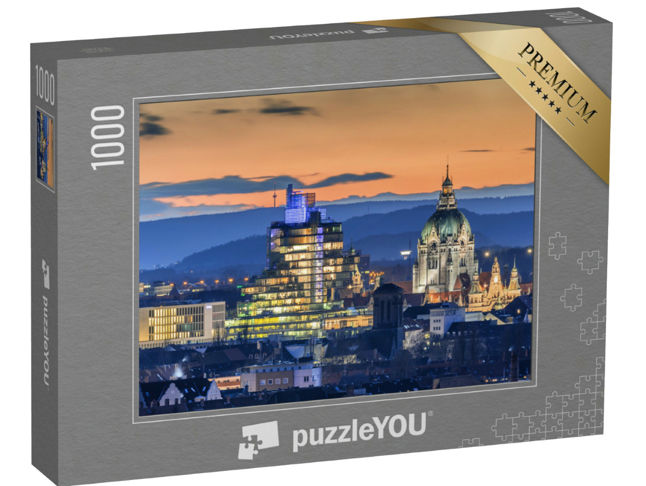 puzzle 1000 dílků „Letecký pohled na večerní Hannover, Dolní Sasko“