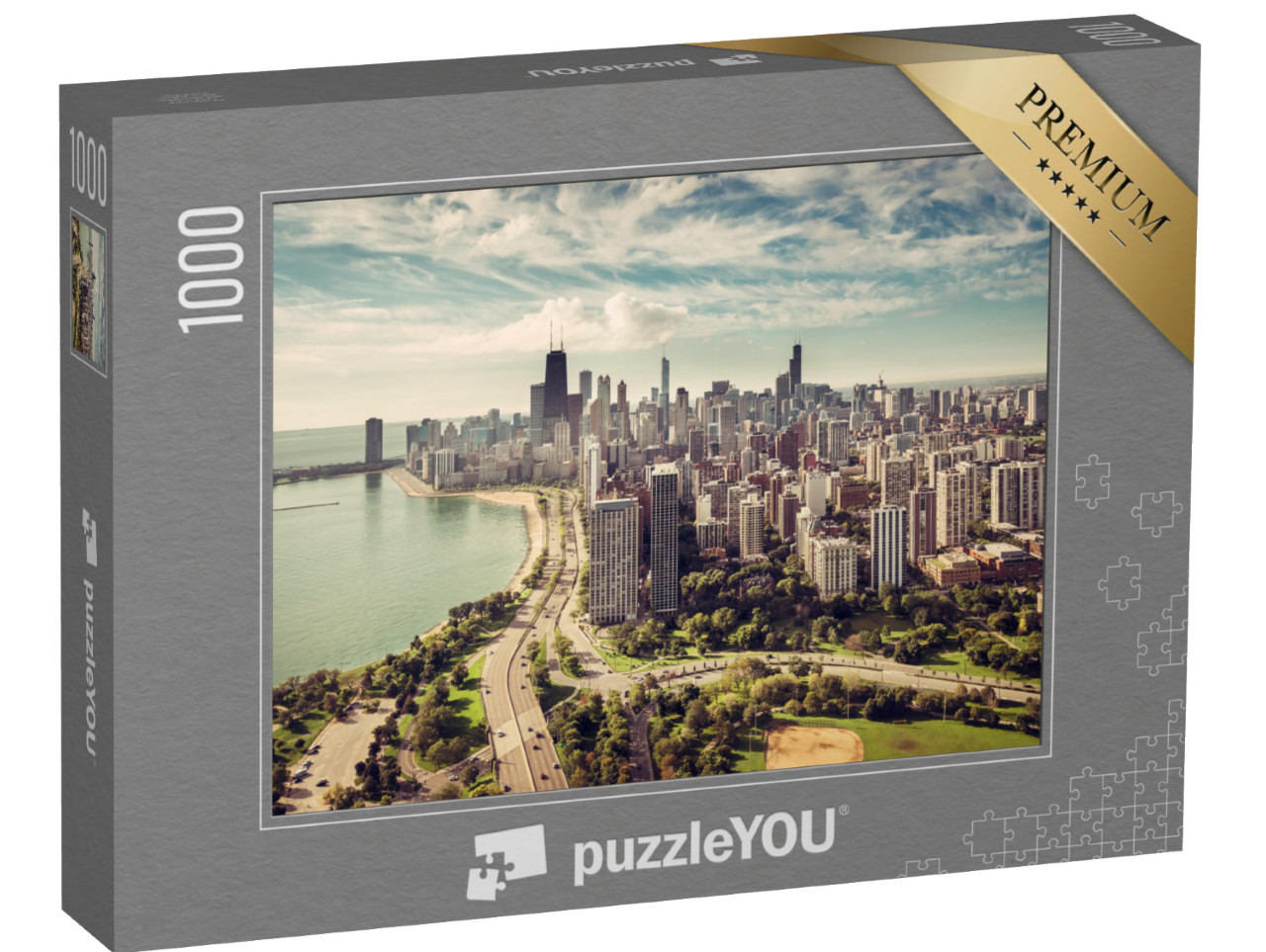 puzzle 1000 dílků „Panorama Chicaga s ulicí na pláži ze vzduchu“