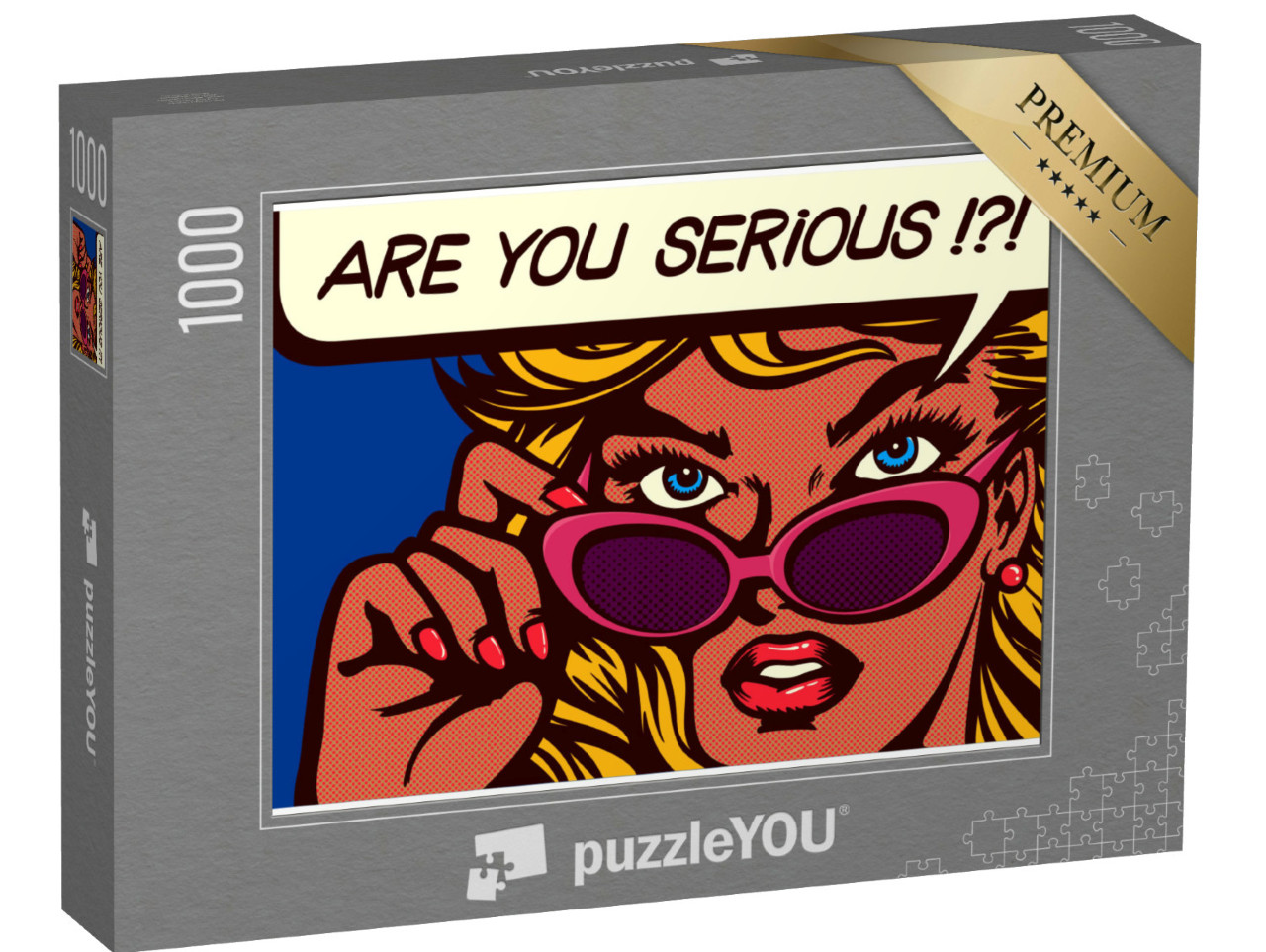 puzzle 1000 dílků „Pop art komiksový styl - skeptická žena se slunečními brýlemi“
