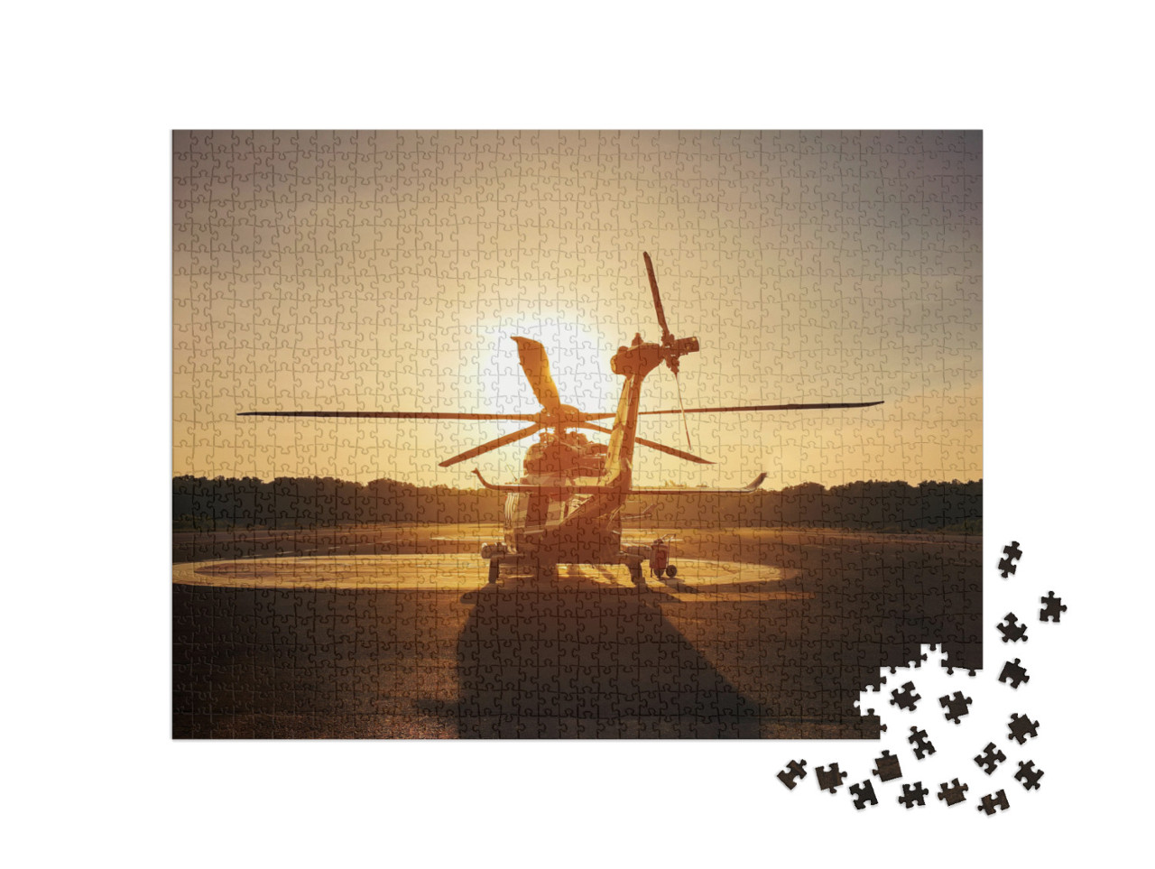 puzzle 1000 dílků „Vrtulník na přistávací ploše při západu slunce“