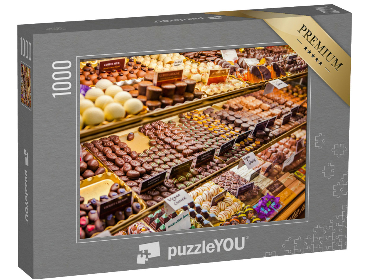 puzzle 1000 dílků „Rozmanitost čokoládových pralinek na anglickém trhu, Irsko“