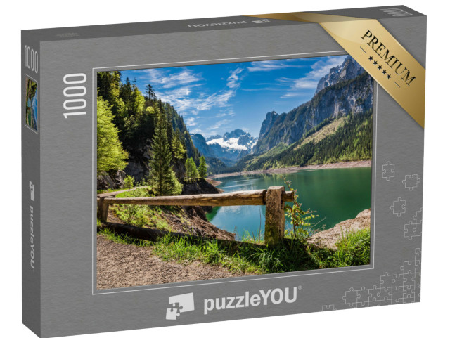 puzzle 1000 dílků „Jasně modrá obloha u jezera Gosau v Gosau, Alpy, Rakousko“