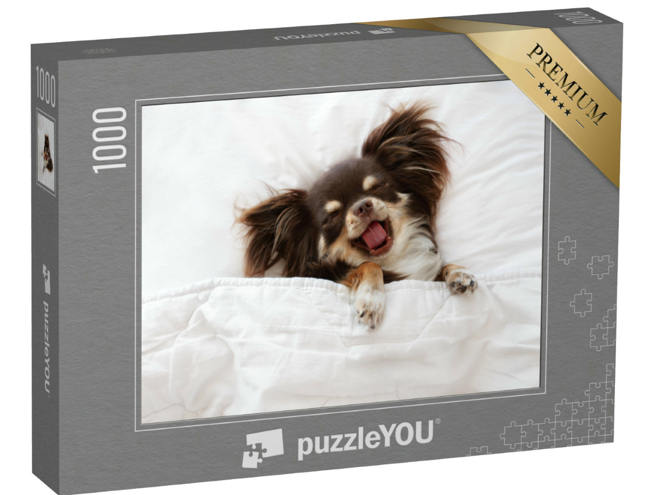 puzzle 1000 dílků „Pes čivava spí na polštáři v posteli“