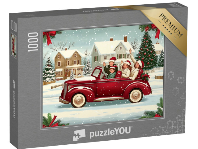 puzzle 1000 dílků „Retro styl: rodina vyráží na Vánoce v červeném kabrioletu“