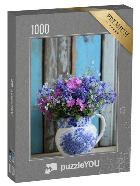 puzzle 1000 dílků „Modrá a růžová kytice jako vintage kytice“