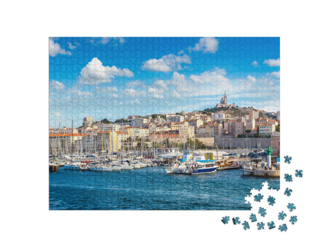 puzzle 1000 dílků „Bazilika Notre Dame de la Garde a přístav, Marseille, Francie“