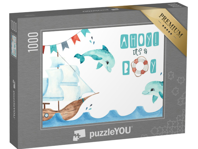 puzzle 1000 dílků „Akvarelová námořní dětská karta s plachetnicí“