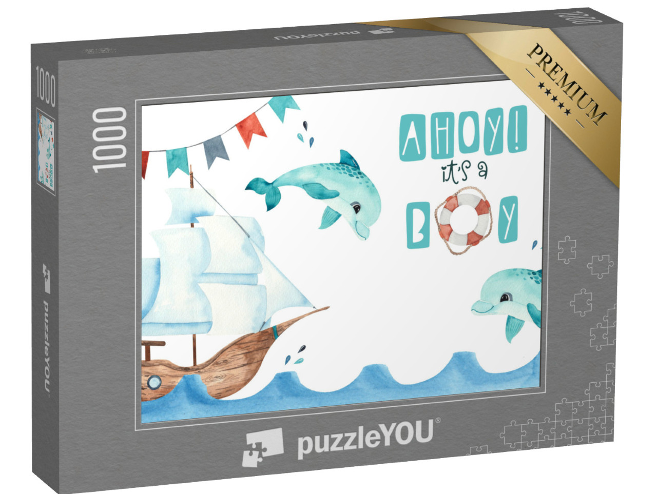 puzzle 1000 dílků „Akvarelová námořní dětská karta s plachetnicí“