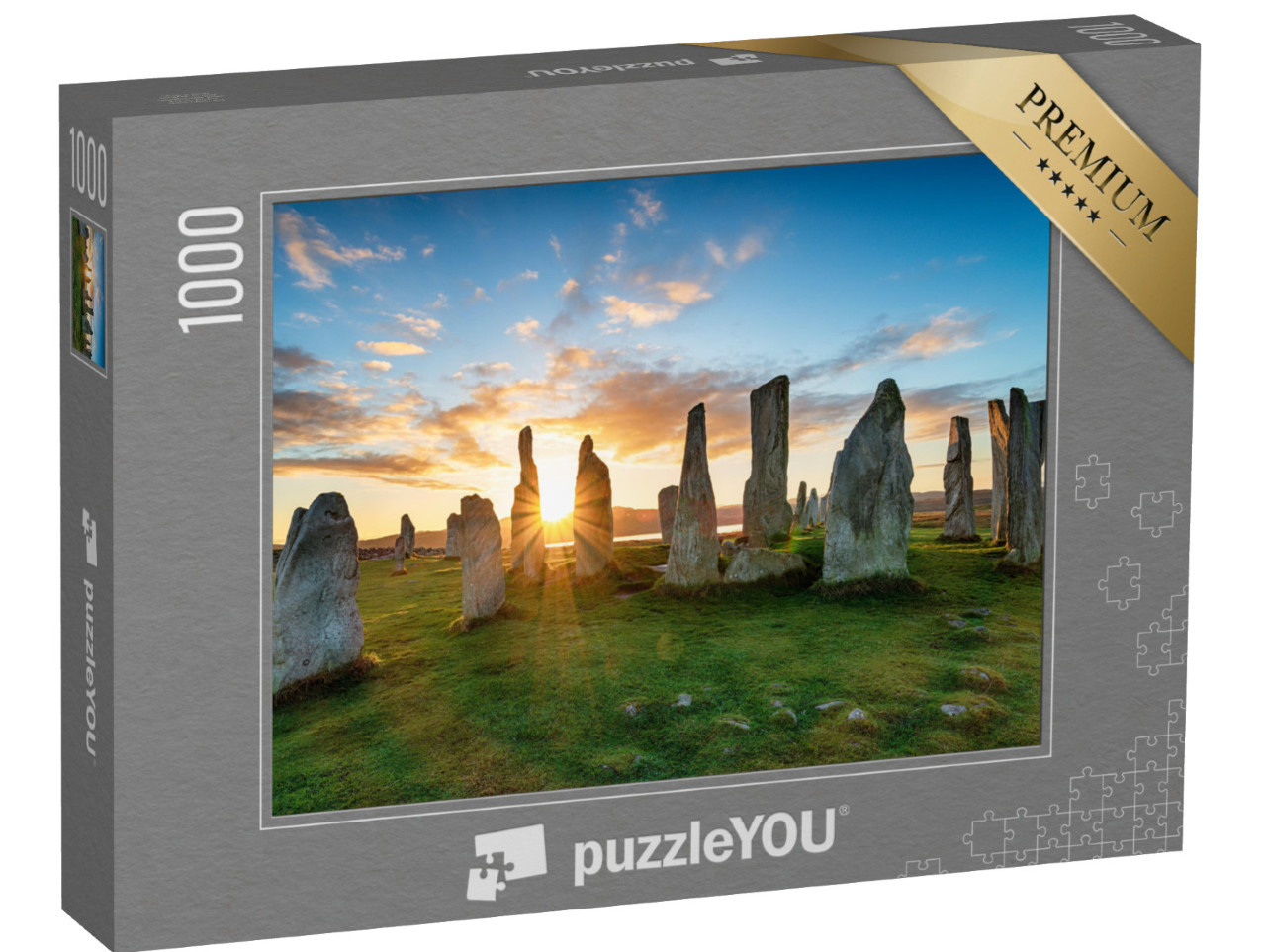 puzzle 1000 dílků „Mystický západ slunce nad kamenným kruhem v Callanish, ostrov Lewis, Skotsko“