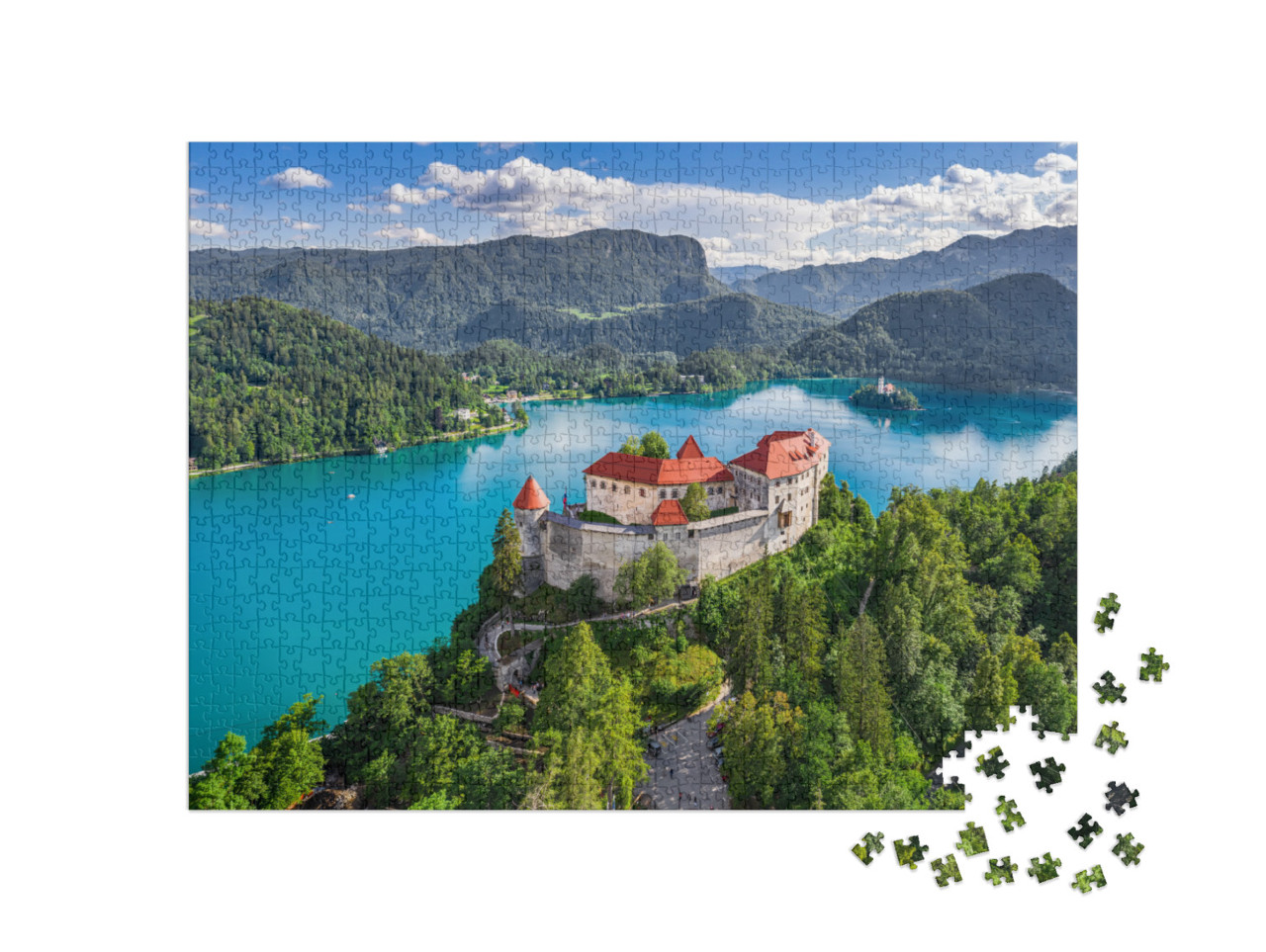 puzzle 1000 dílků „Bledský hrad a Bledské jezero, Slovinsko“