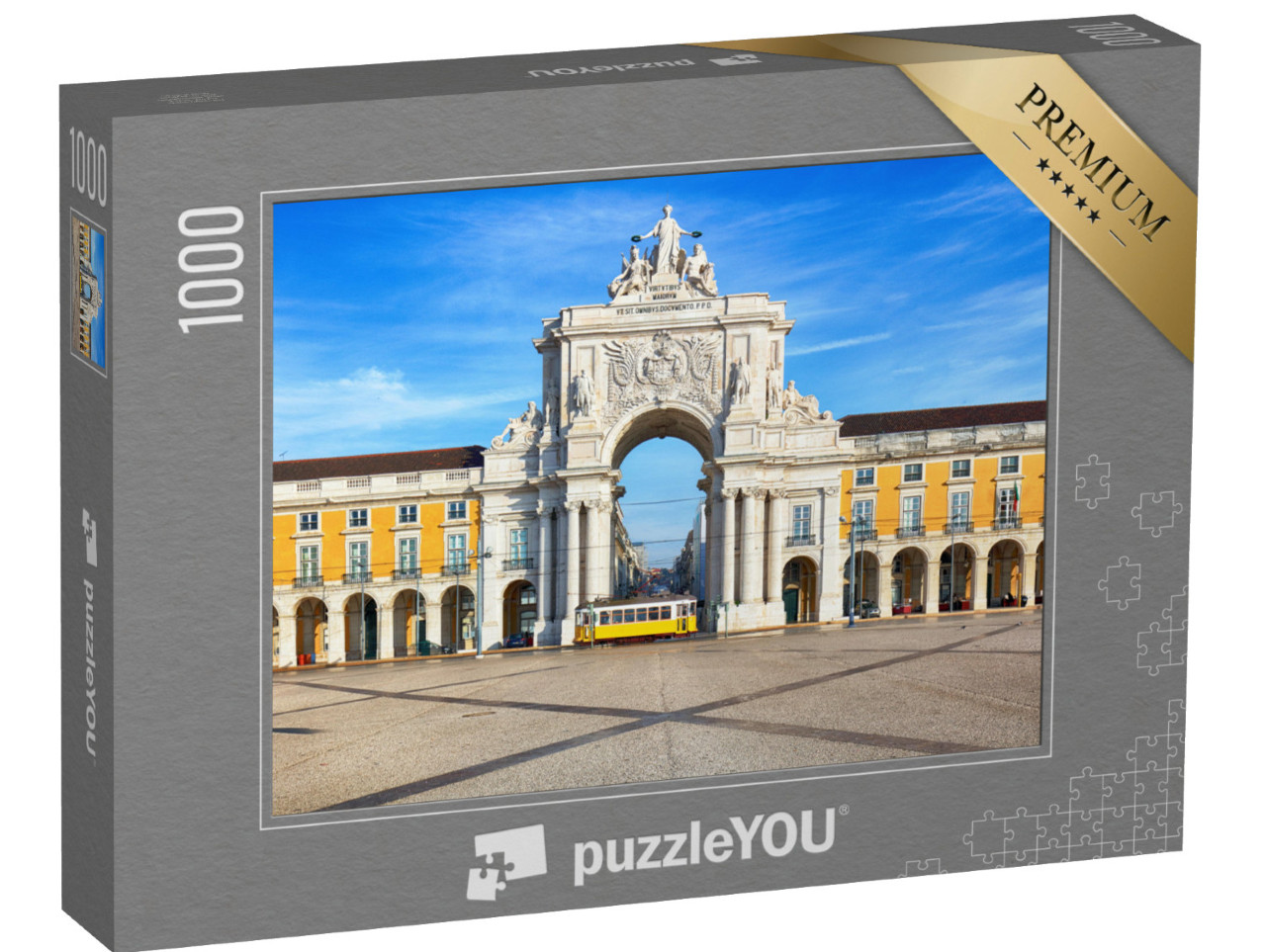 puzzle 1000 dílků „Praca do Comercio se žlutou tramvají, Lisabon, Portugalsko“