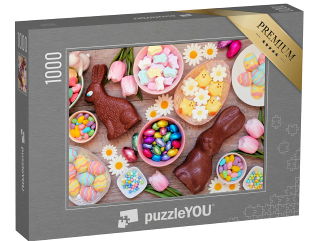 puzzle 1000 dílků „Barevný velikonoční stůl s čokoládovými zajíčky“