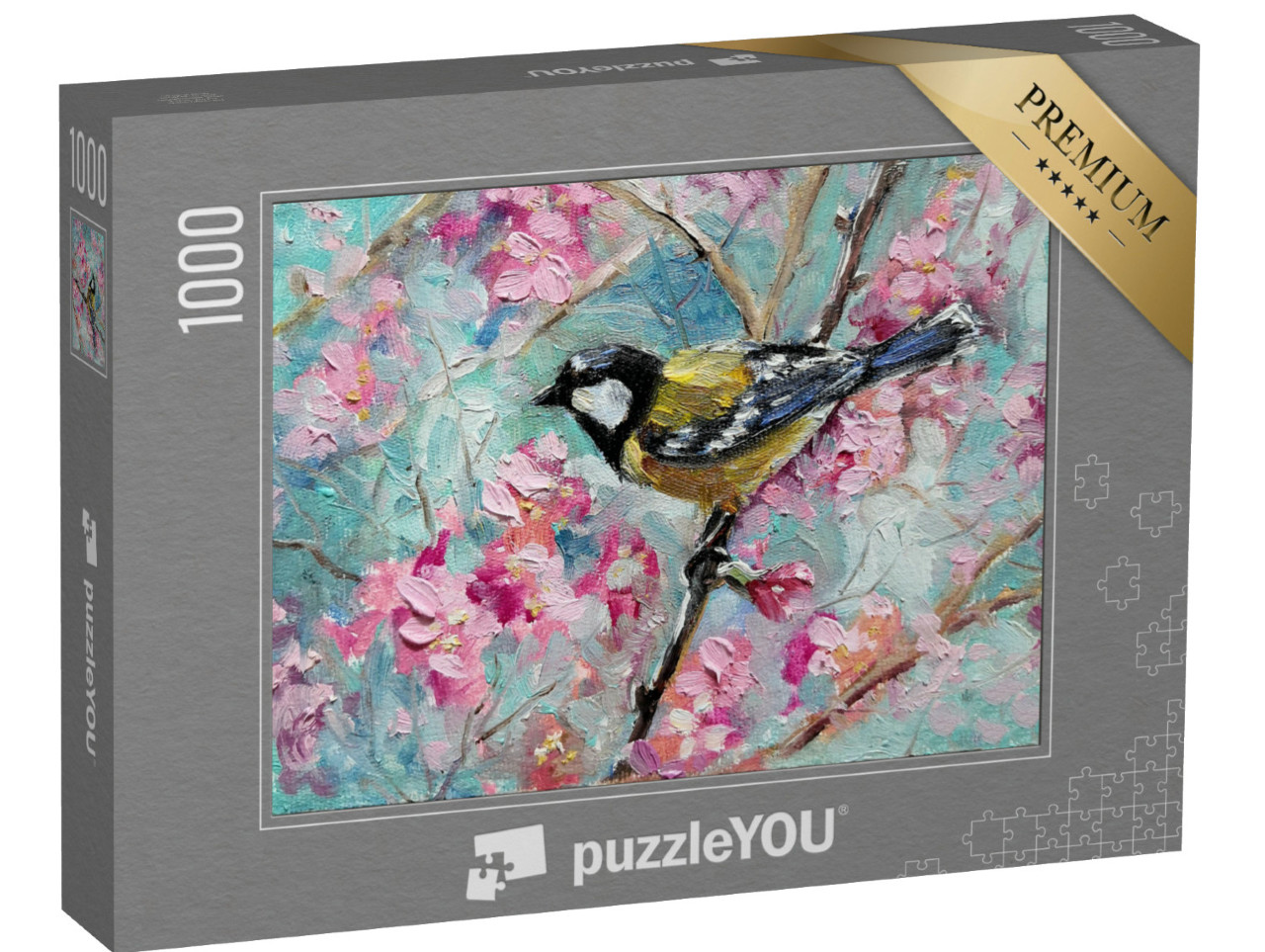 puzzle 1000 dílků „Olejomalba: Sýkora koňadra v rozkvetlém třešňovém sadu“