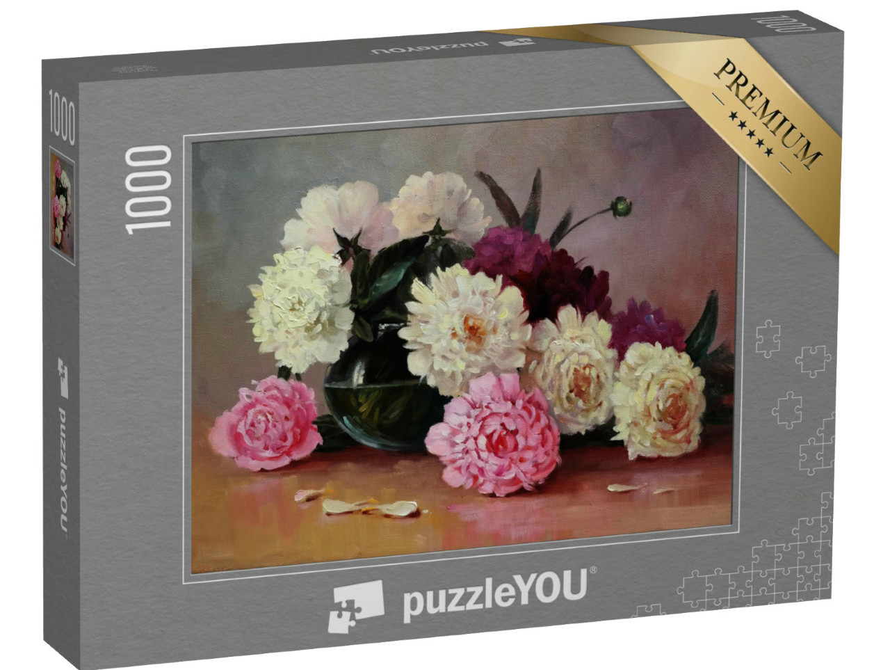 puzzle 1000 dílků „Bílé a růžové pivoňky ve skleněné váze“