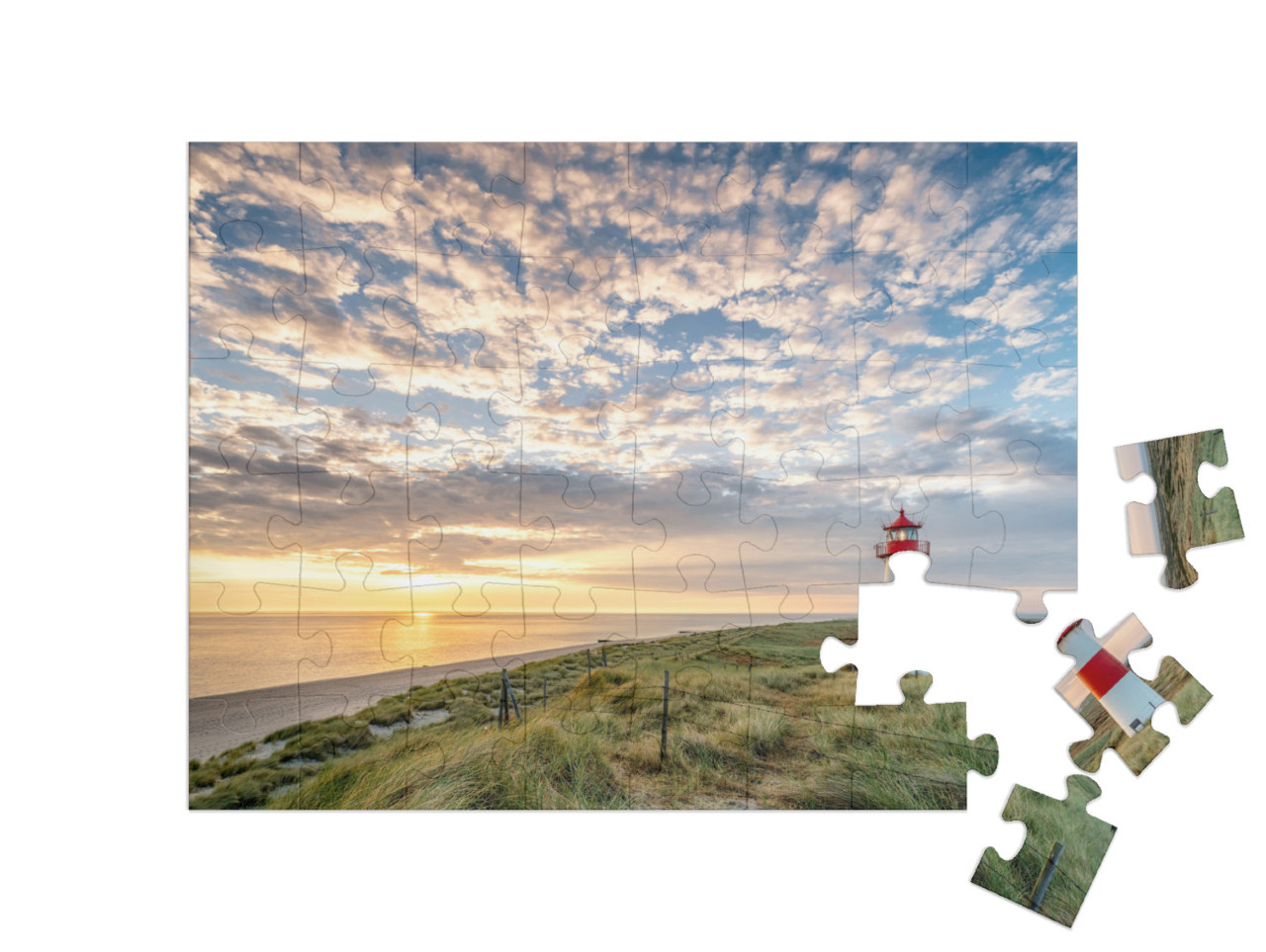 puzzle 48 dílků „Červený maják na ostrově Sylt, Severní Frísko, Šlesvicko-Holštýnsko, Německo“