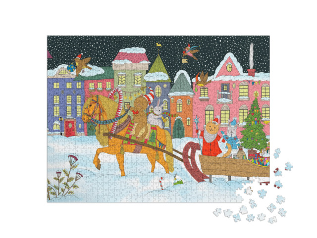 puzzle 1000 dílků „Vánoce zvířat: Vánoce a zvířata na saních tažených koňmi“