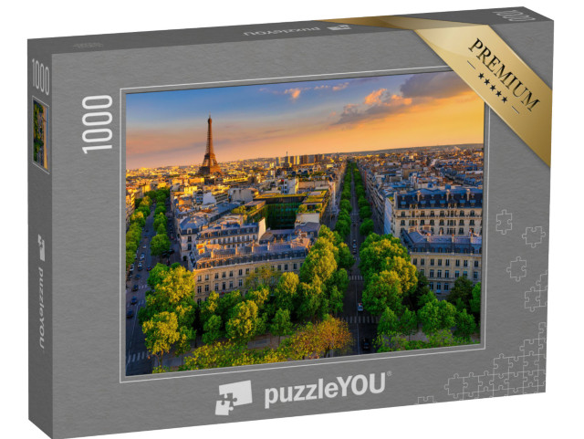 puzzle 1000 dílků „Panorama Paříže s Eiffelovou věží při západu slunce, Francie“