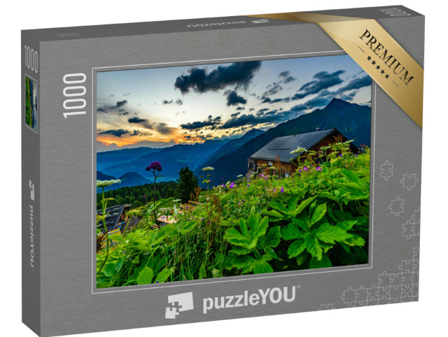 puzzle 1000 dílků „Východ slunce nad chatou Gamshütte, Zillertalské Alpy“