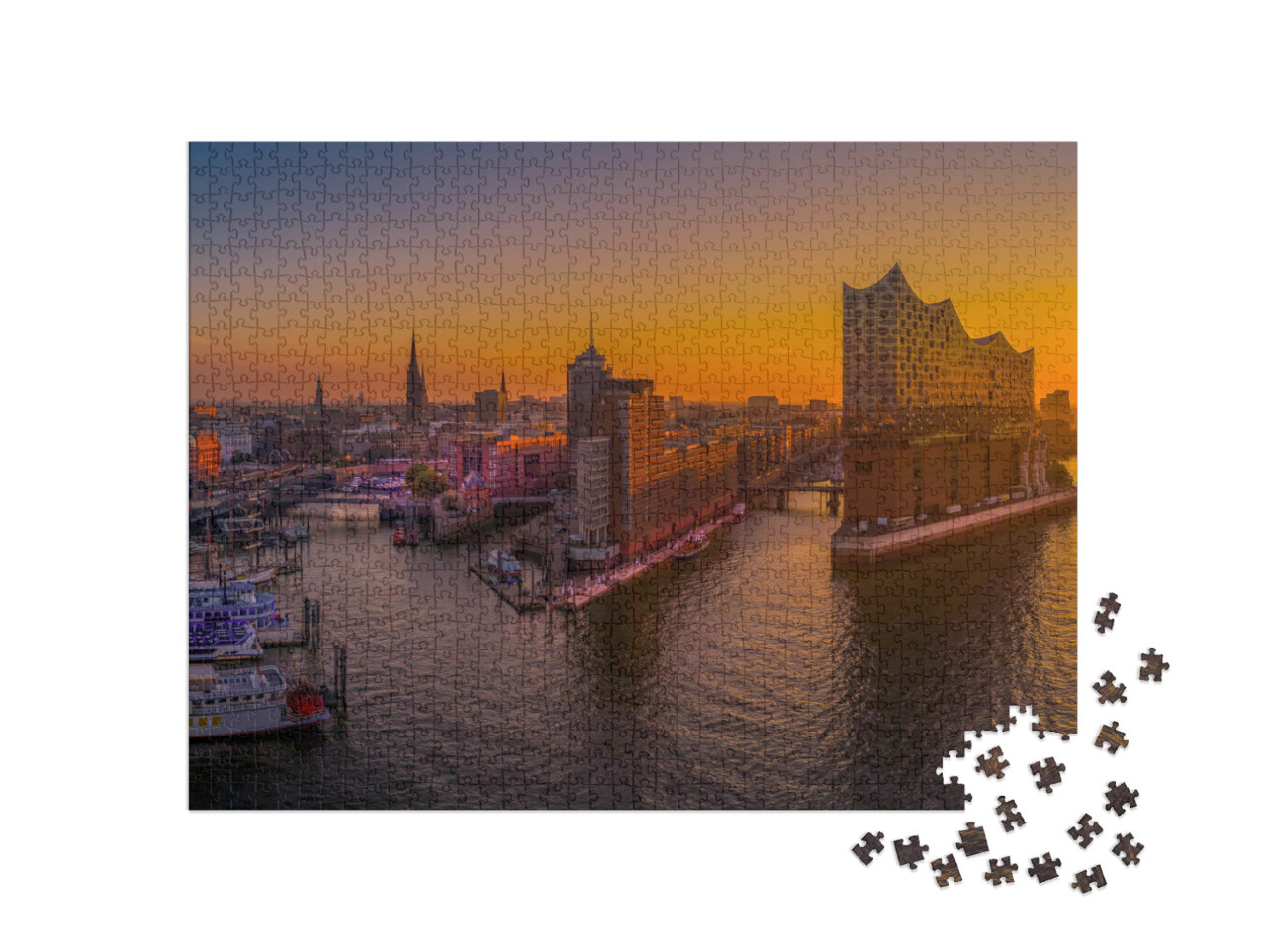 puzzle 1000 dílků „Východ slunce nad Hamburkem s koncertním sálem Elbphilharmonie“