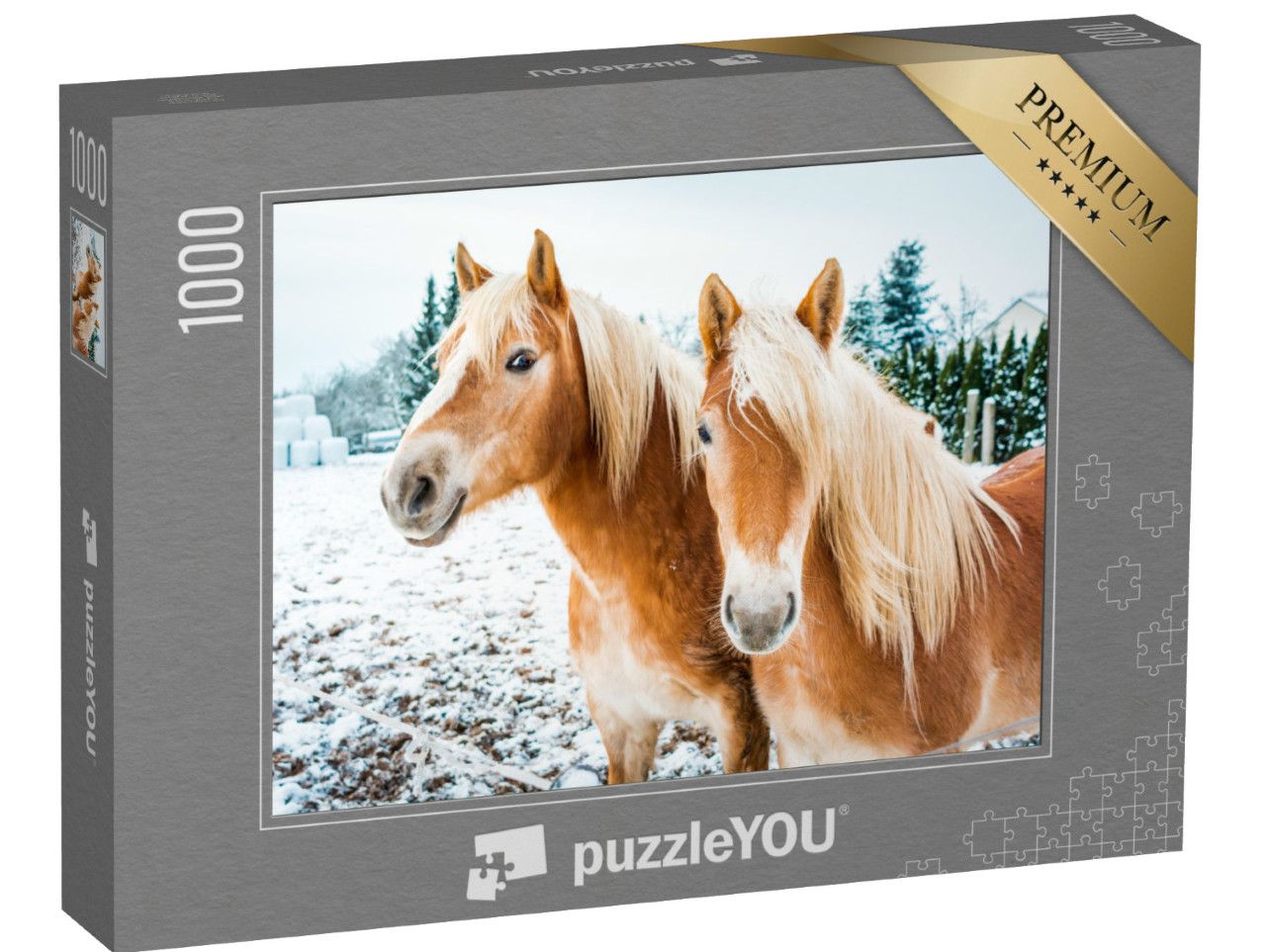 puzzle 1000 dílků „Haflingští koně na zasněžené louce“