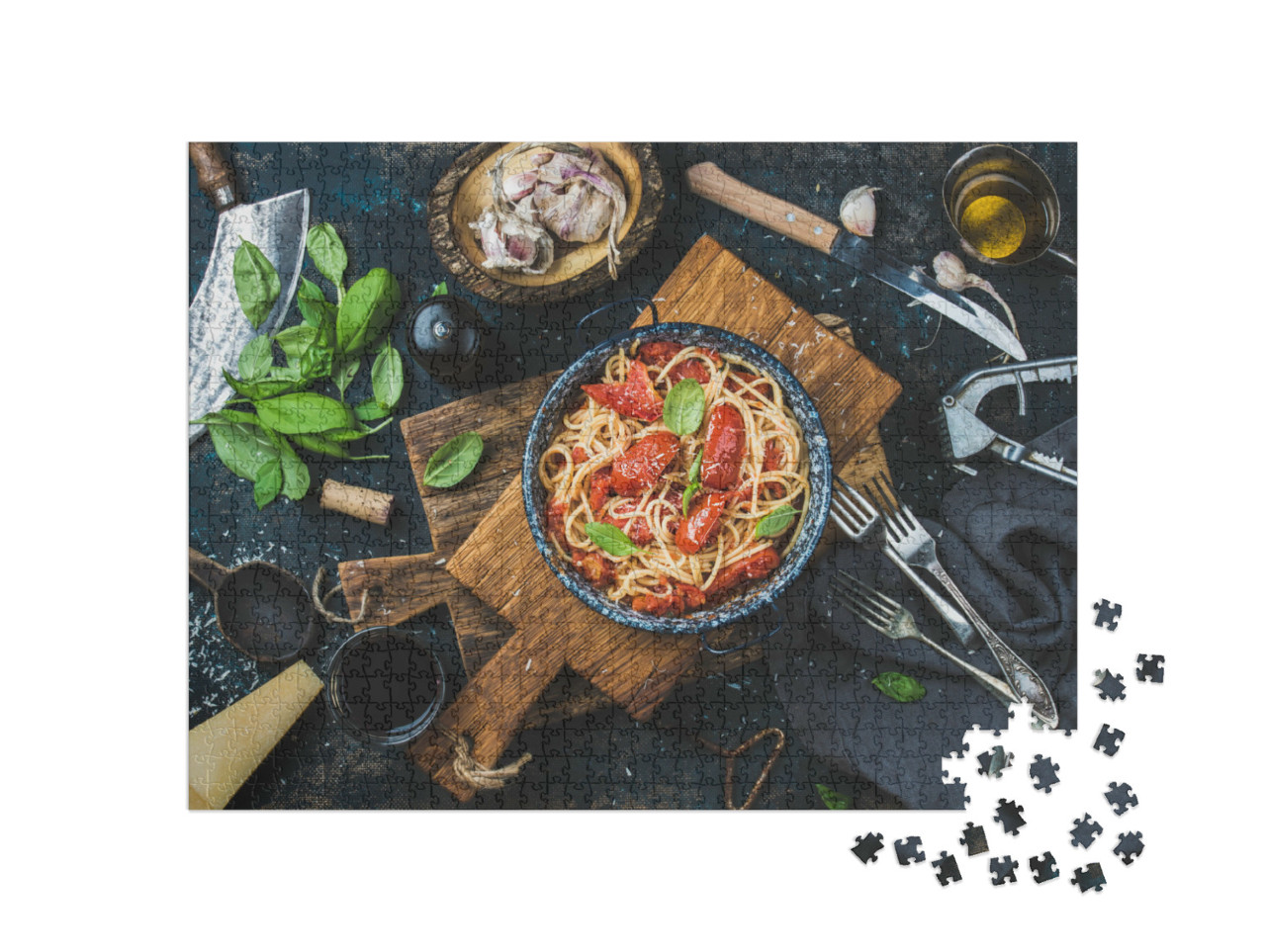 puzzle 1000 dílků „Italský styl: těstoviny, špagety s rajčaty a bazalkou“
