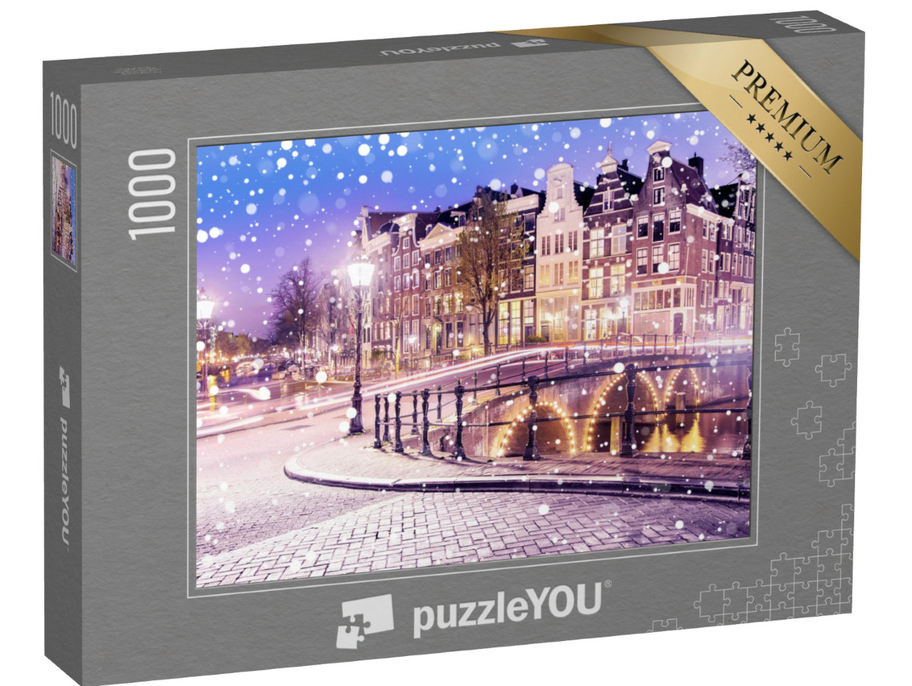 puzzle 1000 dílků „Amsterdam za zasněžené zimní noci, Nizozemsko“