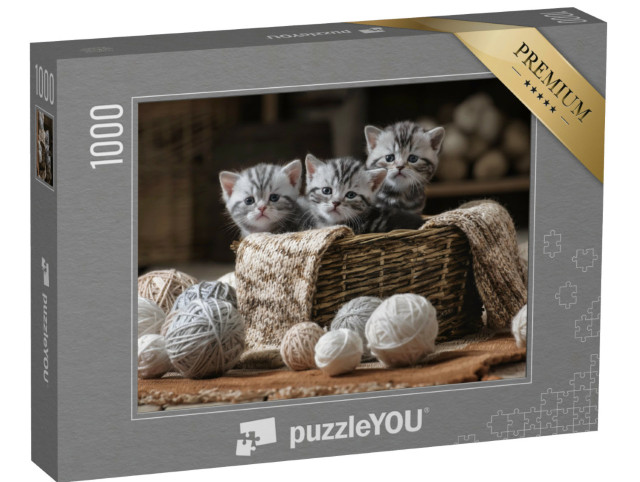 puzzle 1000 dílků „Skupina malých pruhovaných koťat s klubíčky příze“
