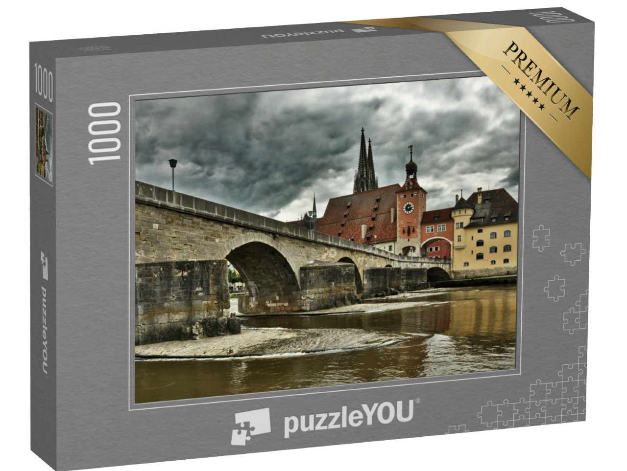 puzzle 1000 dílků „Regensburg s kamenným mostem a katedrálou svatého Petra“